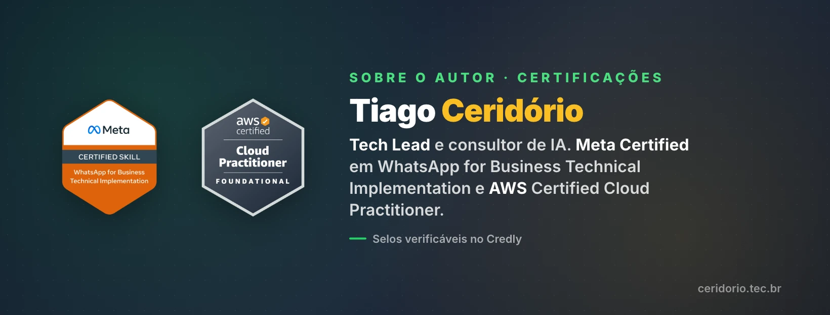 Sobre o autor — Tiago Ceridório, Meta Certified em WhatsApp for Business Technical Implementation e AWS Certified Cloud Practitioner